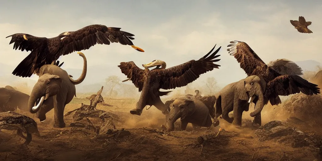 Image similar to eagle hunting an elephant, national geographic, 8 k