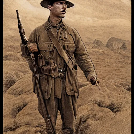 Image similar to a detailed photorealistic sepia - toned color line drawing of a 1 9 1 7 worried clean - shaven british lieutenant in detailed field gear not wearing a hat in wadi rum, ultra realistic, painted, intricate details, lovecraft, atmospheric, dark, horror, brooding, highly detailed, by clyde caldwell