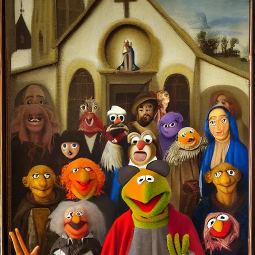 Prompt: painting of muppets at church, in the style of hieronymus bosch and johannes vermeer