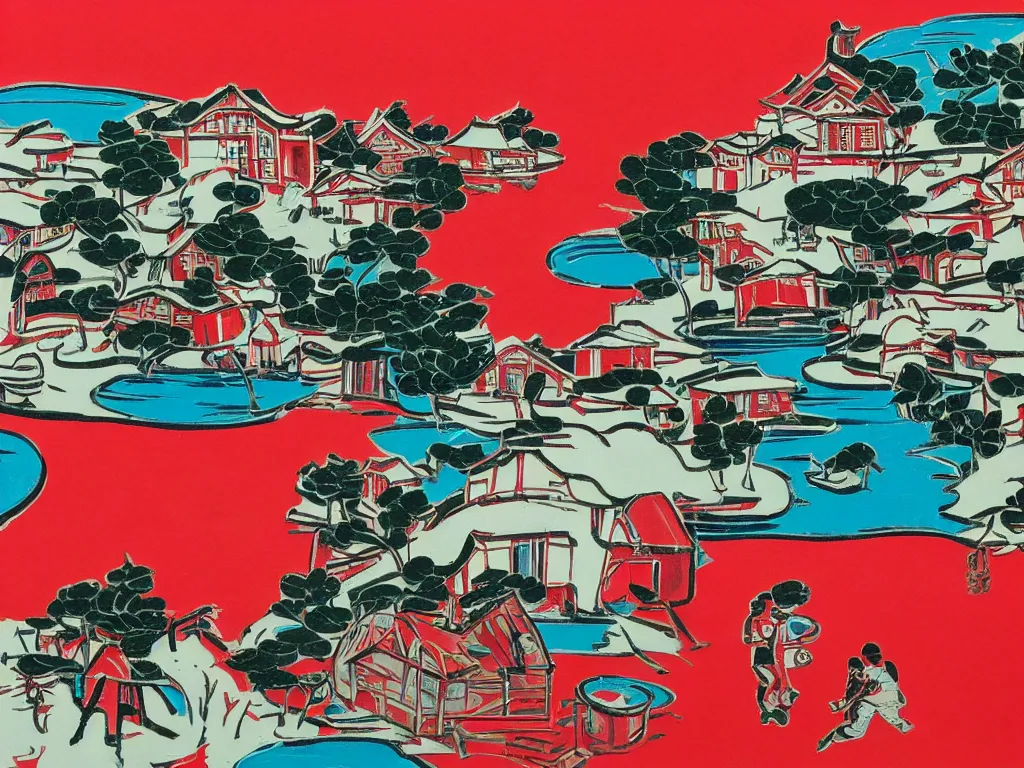 Image similar to close - up image of a red house with a pond, with stormtroopers sitting around it, a combination of pop - art and traditional japanese painting styles, the style of andy warhol, roy lichtenstein and jackie tsai, bright palette, acrylic on canvas