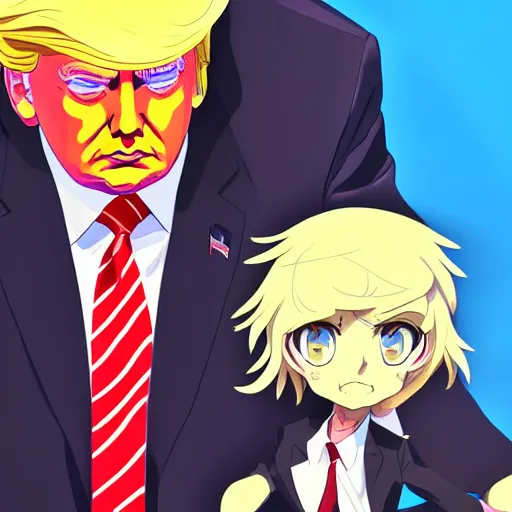 Prompt: beautiful digital painting portrait of donald trump in the style of studio trigger anime, 4 k, 8 k, hd, high resolution, highly detailed, intricate detail, ultra realistic faces, digital art, trending on artstation, kill la kill, gurren lagann