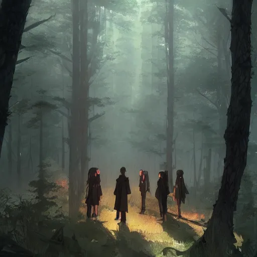 Prompt: group of vampires in the woods, hyperrealistic, trending on pixiv fanbox, painted by greg rutkowski makoto shinkai takashi takeuchi studio ghibli, akihiko yoshida