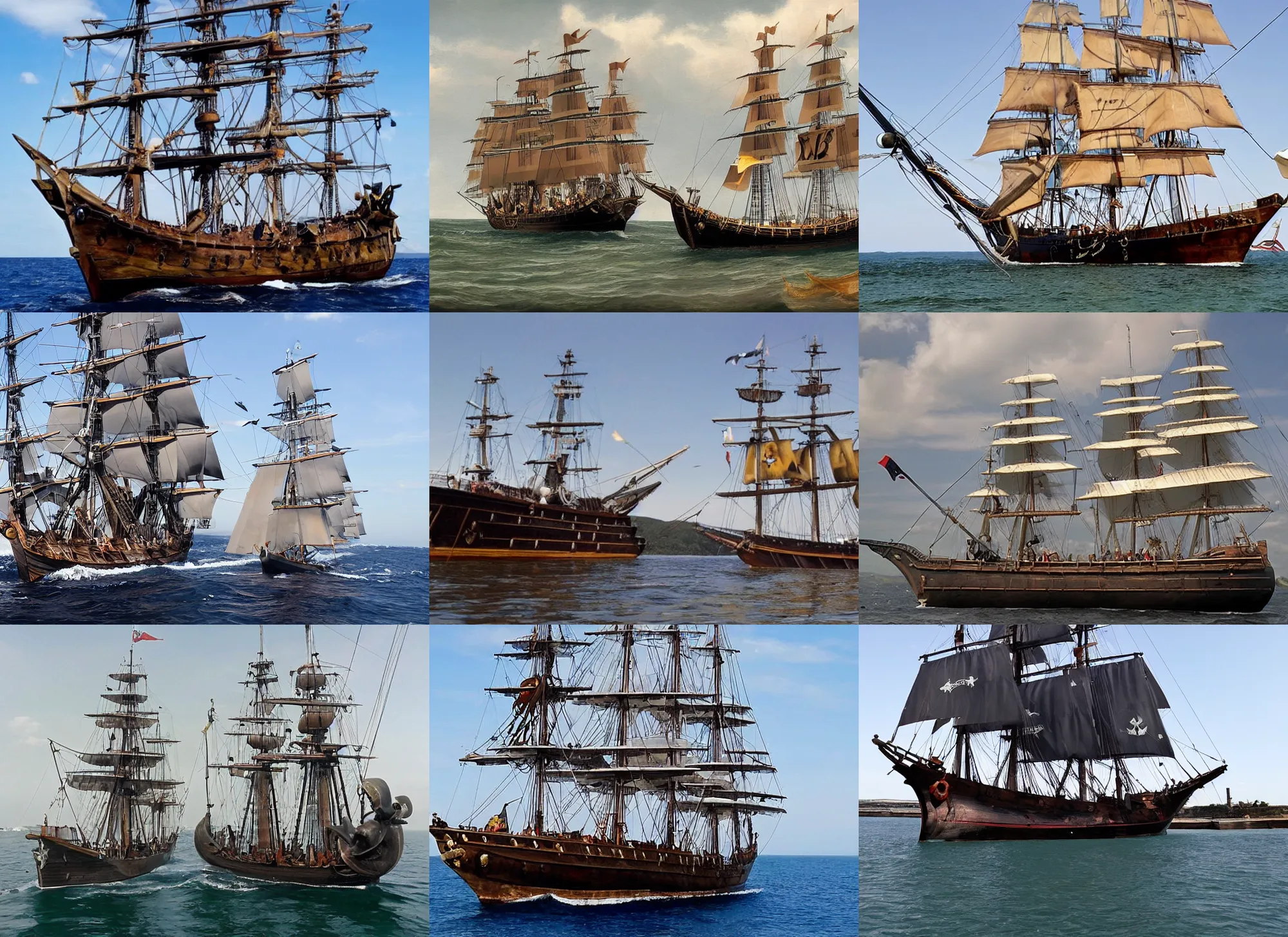Prompt: a 1700s pirate ship. Sailing next to the USS Jason Dunham. sailing side by side, hyper-realistic