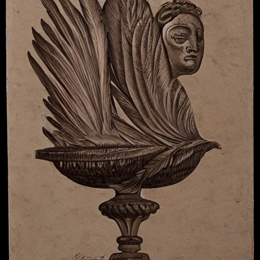 Prompt: an unknown ethnographic object, anthropology, feathers, in the style of corinthian capital by giocondo albertolli ( italian 1 7 4 2 - 1 8 3 9 ). medium : pen and brown ink, brush and gray wash on laid paper