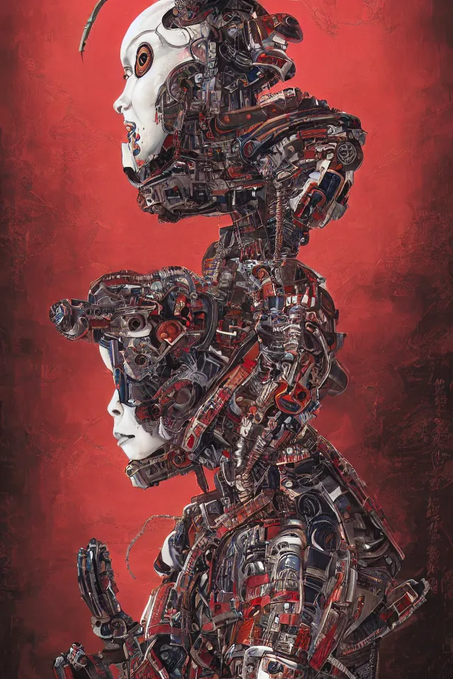 Image similar to an epic fantastic realism comic book style portrait painting of a japanese robotic : akira, nanotech demonic monster horror, geisha with chinese pattern tattoos and, inspired by the lord of ghost in the shell, octane render, intricate detail, 8 k hd, unreal engine 5, ex machina, irobot