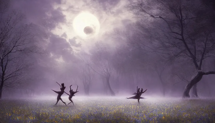 Prompt: dancers in white lit only by the moon, dancing across a flower meadow the twilight dance of the fae by aleksi briclot, greg rutkowski and ivan aivazovsky, contemporary dancers dancing artistic photography movement photorealistic volumetric cinematic light, award - winning, atmospheric fantasy sky, branches of the forbidden forest around them