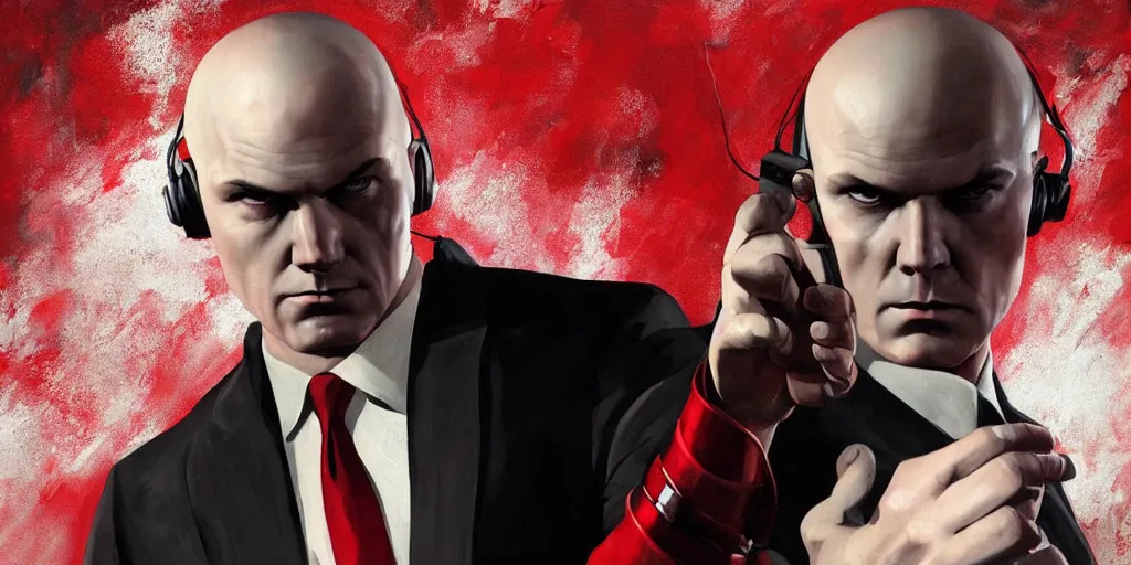 Image similar to a portrait of agent 4 7 from hitman wearing large headphones while pointing a silenced silver handgun, dark background, red rim light, smooth, sharp focus, art by irina french