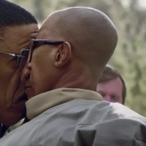Prompt: A still of Walter White Kissing Gustavo Fring