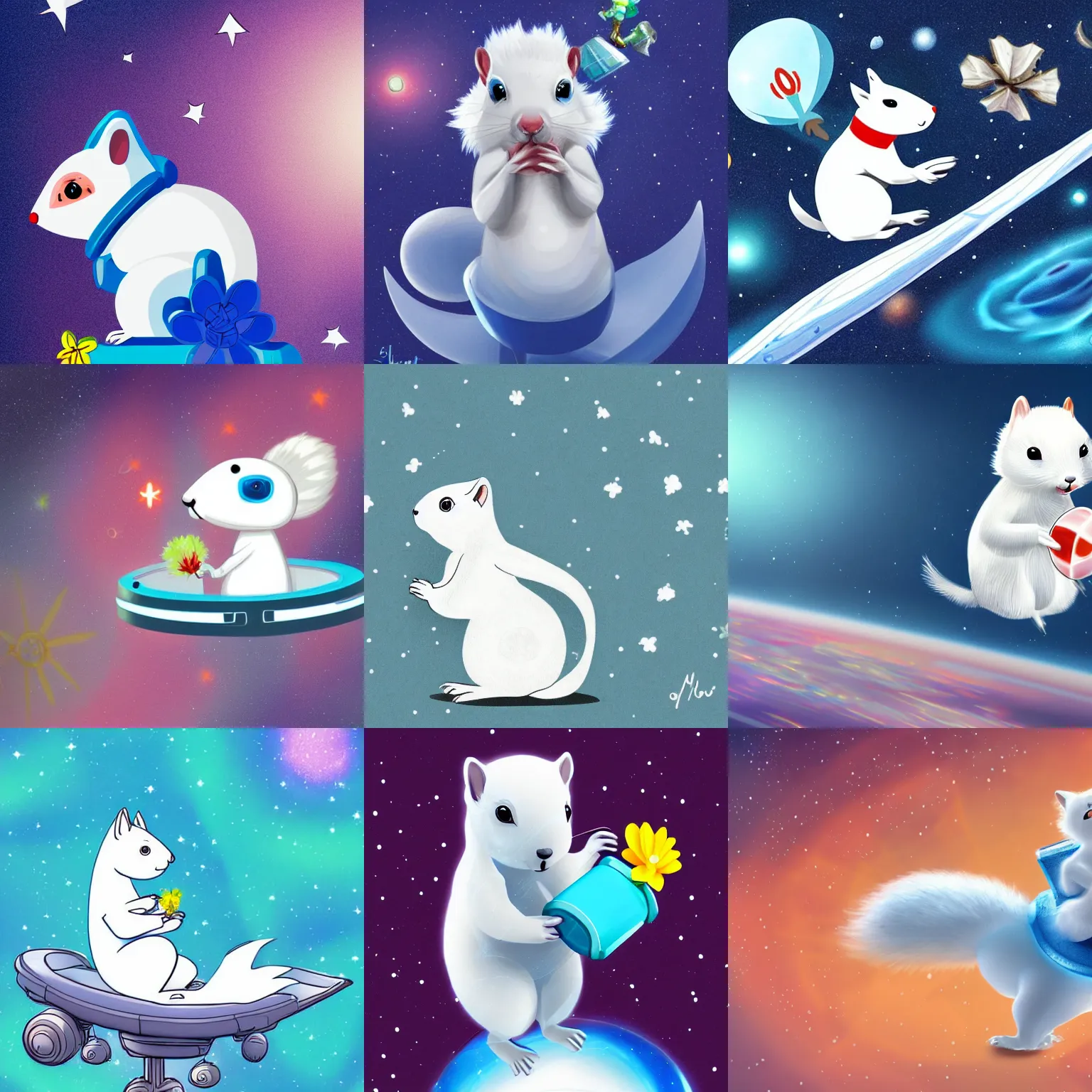 Prompt: illustration of a white squirrel riding a spaceship in space with a blue flower in his hands trending on Artstation