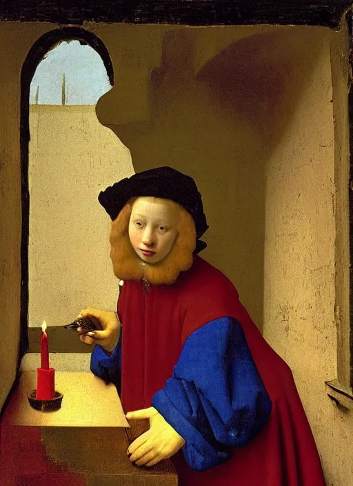 Image similar to red candle, medieval painting by jan van eyck, johannes vermeer, florence