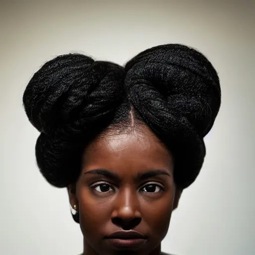 Prompt: by leandro erlich placid, subdued. a experimental art of a head & shoulders view of a woman with dark skin. the woman's hair is styled in braids, & she is wearing a headscarf. she has large, dark eyes, & her expression is solemn.