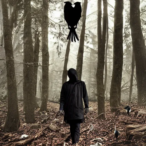 Image similar to mixture between a!!!! human and crow, photograph captured in a forest