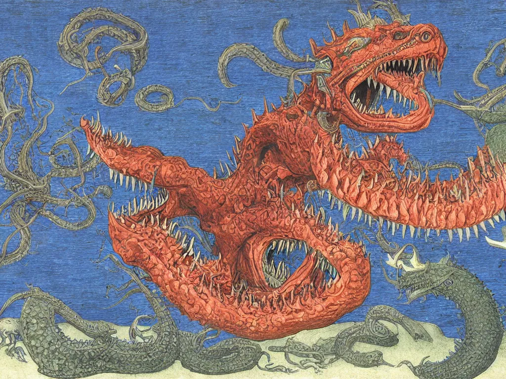 Prompt: close up of the giant open mouth of leviathan devil demon, with row of teeth, flames, snakes, people inside. painting by limbourg brothers, walton ford