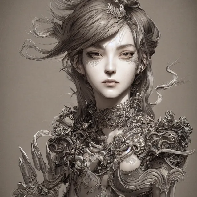 Prompt: a portrait of a lawful evil alignment personified as an absurdly beautiful, graceful, elegant, sophisticated, evil young idol, an ultrafine hyperdetailed illustration by kim jung gi, irakli nadar, detailed faces, intricate linework, octopath traveler, final fantasy, unreal engine 5 highly rendered, global illumination, radiant light, detailed and intricate environment