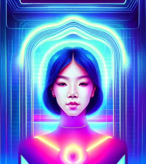 Image similar to symmetry!! asian princess of technology, solid cube of light, hard edges, product render retro - futuristic poster scifi, lasers and neon circuits, beautiful asian princess, intricate, elegant, highly detailed, digital painting, artstation, concept art, smooth, sharp focus, illustration, dreamlike, art by artgerm