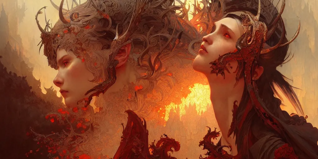 Image similar to a beautiful illustration of dante's inferno, intricate, sharp focus, illustration, highly detailed, digital painting, concept art, matte, art by wlop and artgerm and greg rutkowski and alphonse mucha, masterpiece