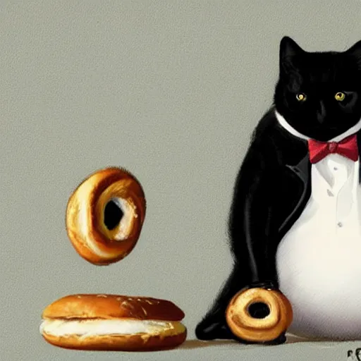 Prompt: a black fat cat on a tuxedo holding a bagel!, trade offer meme, art by greg rutkowski
