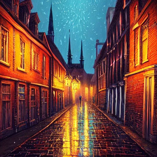 Image similar to A quaint, magical London street at night, narrow street, Stratford-upon-Avon, digital painting by Alena Aenami, trending on artstation