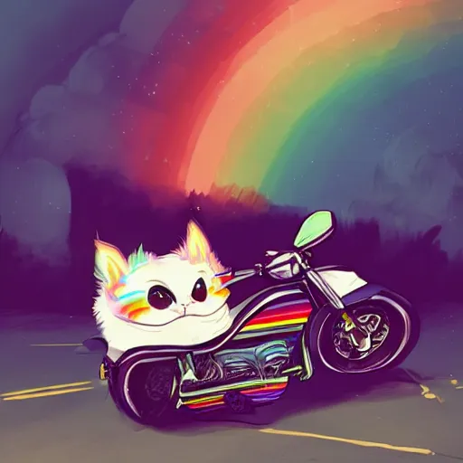 Image similar to wide angle full body, jacket wearing fluffy cute rainbow kitten wearing a black leather motorcycle jacket, riding on a motorcycle, cinematic concept art