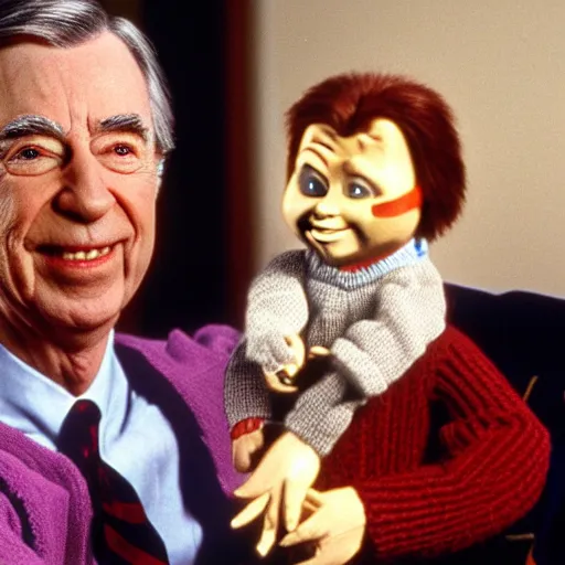Image similar to photorealistic Mr. Rogers holding the Chucky doll from the movie Child's Play