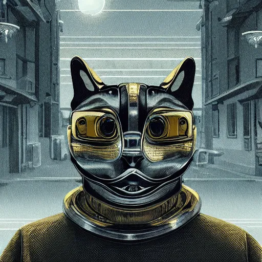 Image similar to gold and silver tones, cybernetic cat in a deserted town, style of moebius, james jean, rutkowski, cinematic, high detail, award winning, 8 k photorealistic