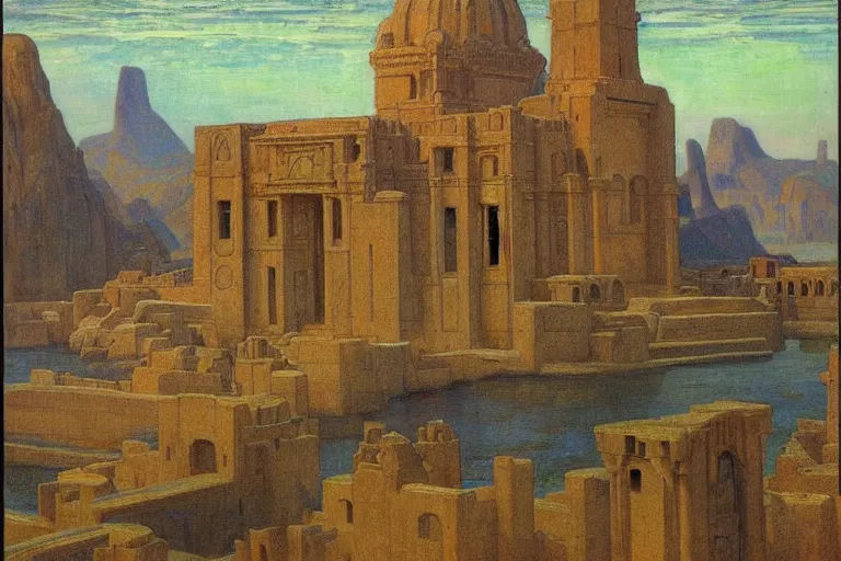 Image similar to ancient city by the sea by Annie Swynnerton and Nicholas Roerich and jean delville, strong dramatic cinematic lighting , ornate painted architecture, lost civilizations, smooth, sharp focus, extremely detailed