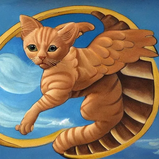 Image similar to a very detailed, painting of a cat with wings flying though the sky in michelangelo style of painting