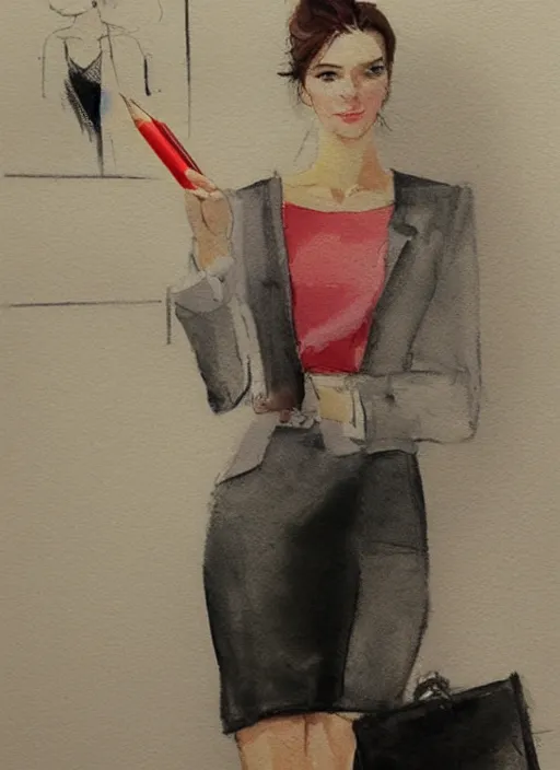 Image similar to concept art of a modern office life, young attractive business woman, pencil miniskirt, pinterest, artstation trending, behance, watercolor, by coby whitmore, silver, laser light,