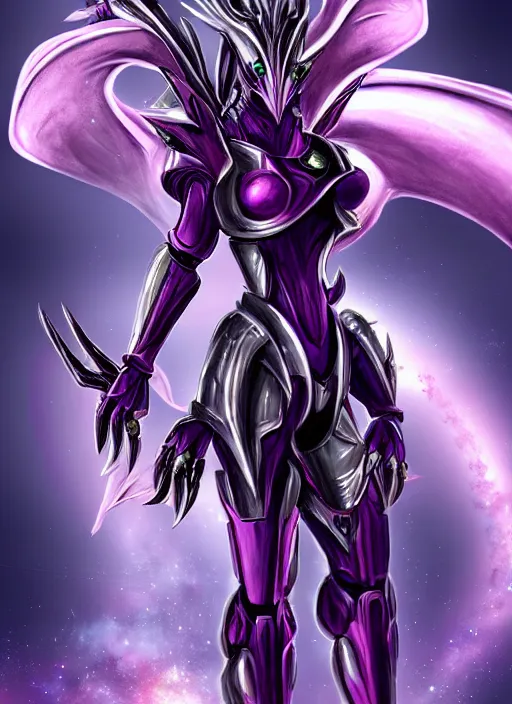 Image similar to galactic hyperdetailed elegant beautiful stunning giantess anthropomorphic mecha hot female dragon goddess, sharp spines, sharp metal ears, smooth purple eyes, smooth fuschia skin, silver armor, bigger than galaxy, epic proportions, epic scale, macro giantess, warframe, destiny, furry, dragon art, goddess art, giantess art, furaffinity, octane render