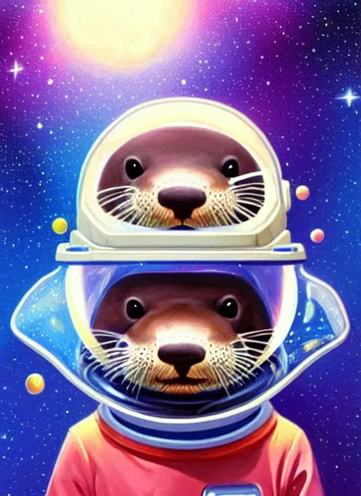 Prompt: a portrait of a cute otter with a space helmet, swimming through a beautiful galaxy!!!, detailed, artstation, art by miyazaki and rhads