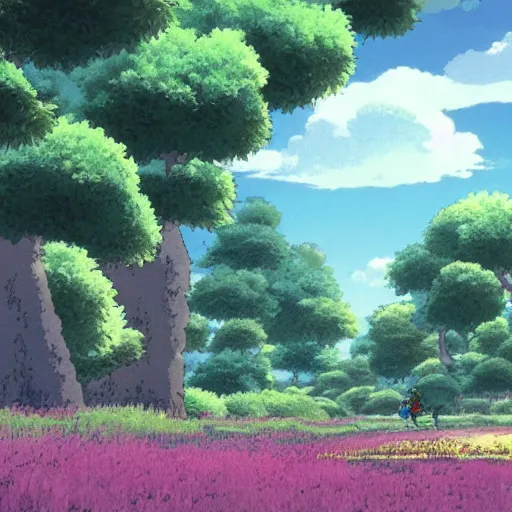 Prompt: a beautiful still from a studio ghibli movie, landscape scenery, puffy white clouds, green grass, tall trees