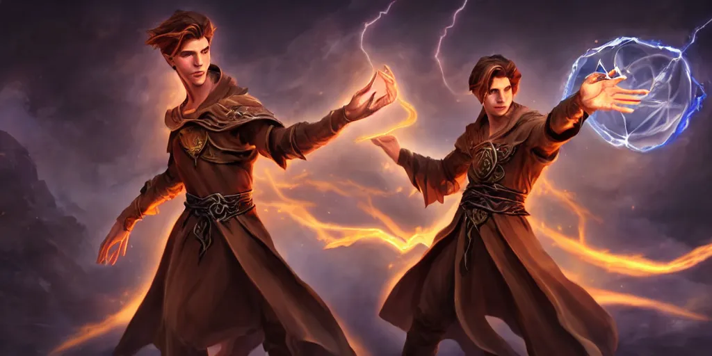 Image similar to epic concept art of a handsome young caucasian male sorcerer with brown hair casting a spell that is emanating from his hands he is in a alchemist lab, action pose, medium shot, deep depth of field, waist up, d & d mage, magic the gathering art