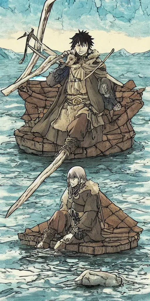 Image similar to a lone king sitting on a throne floating on water in the middle of a lake drawn by Makoto Yukimura in the style of Vinland saga anime, full color