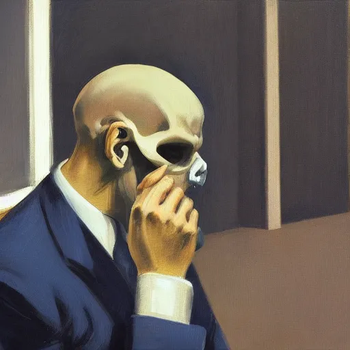 Prompt: a crying man who is screaming, his head is a skull, he wears a suit, in the style of Edward Hopper, 4k,