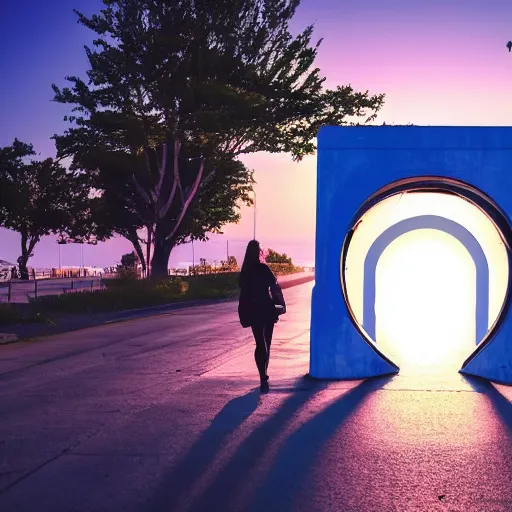 Image similar to a woman facing an portal on the street. the street leads dozen a city. the portal is oval, upright and surrounded by blue energy. the portal leads to a beach at sunset