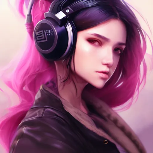 Image similar to beautiful full portrait of a girl, brunette curvy long hair, full - body shot, wearing cyberpunk headphones, streetwear, like a fashion model + high detailed, resolution beautifully detailed landscape trending on artstation 8 k, cinematic, epic detailed trending on artstation 8 k, by bukurote + krenz cushart + ryota - h + wlop