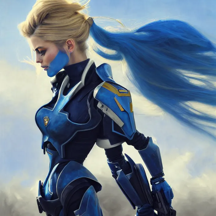 Image similar to portrait of a combination of Ashley Greene, Katheryn Winnick, Victoria Justice, Adriana Dxim, Grace Kelly and Emma Watson with blue hair wearing Interceptor's armor from Anthem, countryside, calm, fantasy character portrait, dynamic pose, above view, sunny day, thunder clouds in the sky, artwork by Jeremy Lipkin and Giuseppe Dangelico Pino and Michael Garmash and Rob Rey and Greg Manchess and Huang Guangjian, very coherent asymmetrical artwork, sharp edges, perfect face, simple form, 100mm