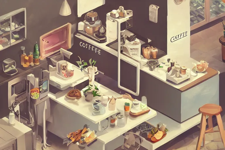 Prompt: cute coffee shop, refrigerator, sink, isometric art, white furniture, iguana pet, bright, artstation, highly detailed, cinematic lighting + masterpiece