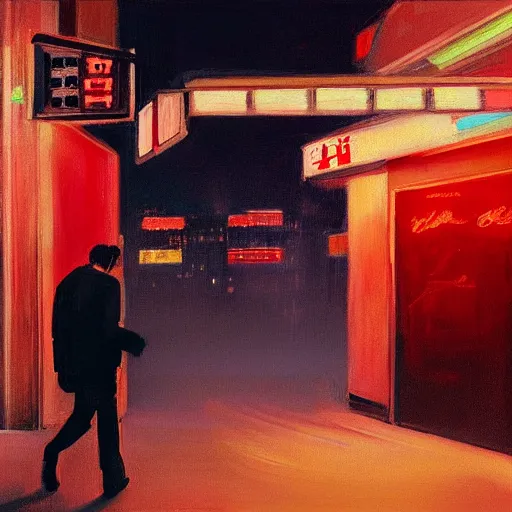 Prompt: realistic portrait painting of man smoking in a neon sign lit tokyo alley at night in the style of soviet realism