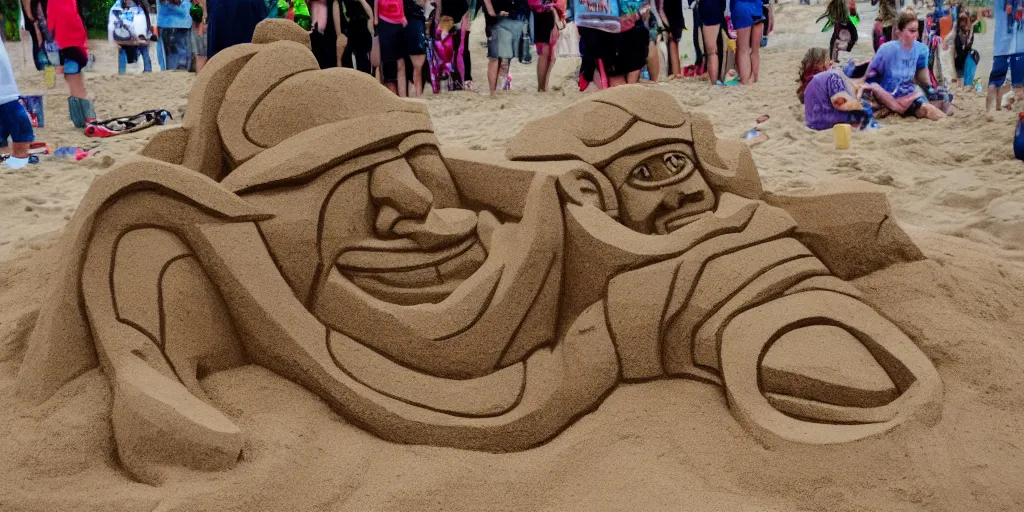 Image similar to masterfully crafted sand sculpture of a lemmy kilmister from motorhead at the playground's sandbox