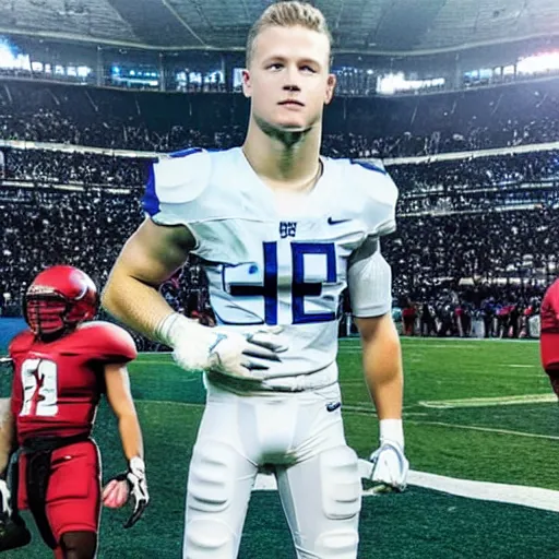 Image similar to “ a realistic detailed photo of a guy who is an attractive humanoid who is half robot and half humanoid, who is a male android, football player christian mccaffrey, shiny skin, posing like a statue, blank stare, on the field, on display ”