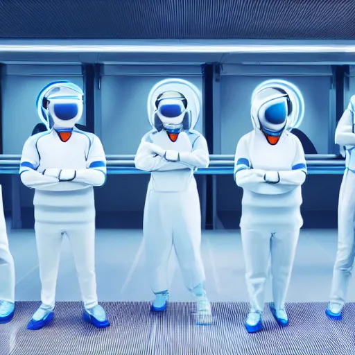 Image similar to group of identical athletic humans with light blue neoprene suits and white hair standing in a line on a conveyor belt, background of advanced futuristic laboratory, sci - fi, highly detailed, hyperrealistic