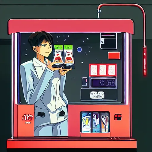 Image similar to “Shinji from Eva buying berries from a berry vending machine on a futuristic space ship, robots, berry signs, 🍓, anime, artstation”