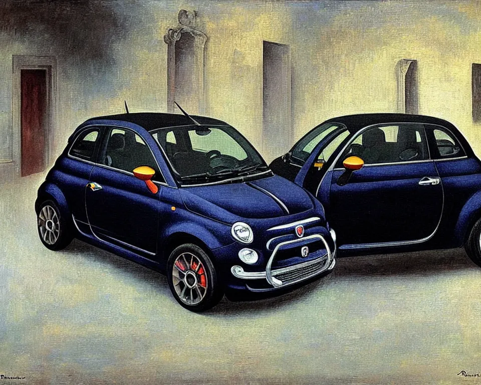 Prompt: achingly beautiful painting of a dark grey 2 0 1 3 fiat 5 0 0 abarth by rene magritte, monet, and turner.