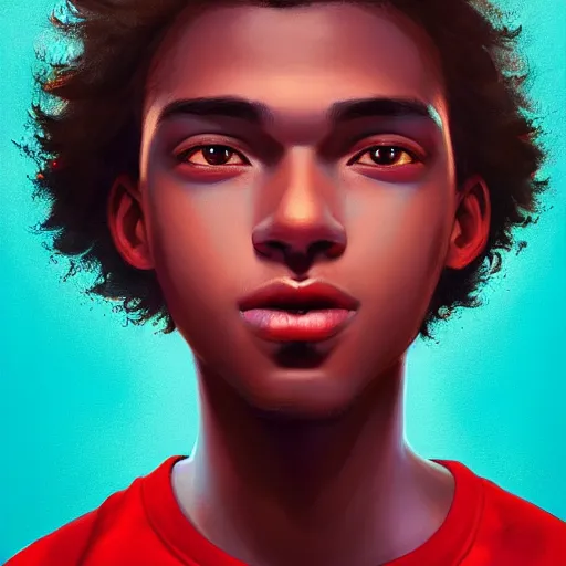 Prompt: colorful and festive captivating teenager with straight brown hair covering his eye, dark skin, big lips, big eyes, wearing a red t - shirt. rich vivid colors, ambient lighting, dynamic lighting, 4 k, atmospheric lighting, painted, intricate, highly detailed by charlie bowater