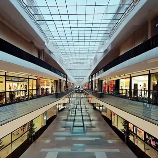 Prompt: A large modern mall with no one in it. Dream like, dark, muted colors.