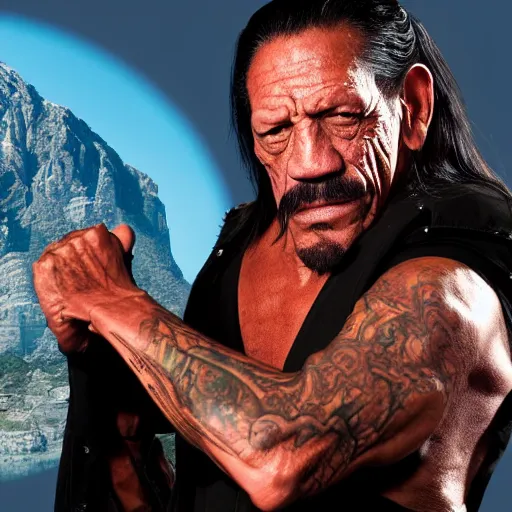 Prompt: danny trejo having a fist fight with sauron on top of the mountain, high definition image