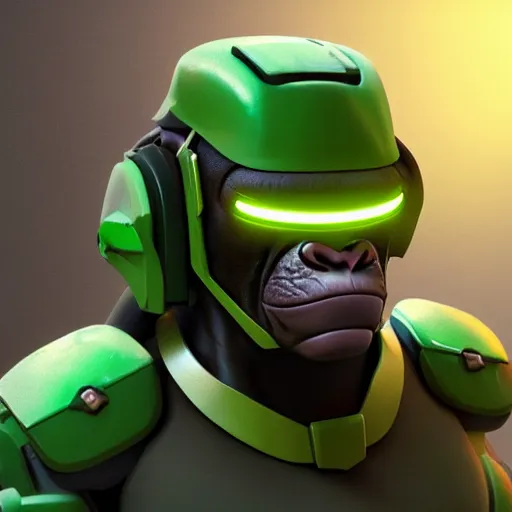 Image similar to stylized character portrait, of a cyborg chimpanzee super soldier with a green visor, artstation, octane engine, professional art