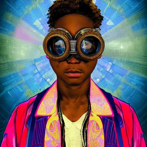 Image similar to colourful vfx upper half - portrait - art of a nigerian boy wearing steam punk goggles, art by utagawa kunisada, james jean & alphonse mucha, symmetrical, intricate detail, concept art, volumetric light, ray tracing, caricature, digital illustration, digital painting, octane 3 d render, unreal engine, sharp, pinterest, behance, art station,