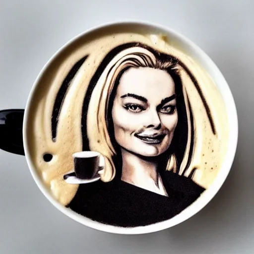 Prompt: photo of a cup of coffee with latte art in the shape of a margot robbie, highly detailed